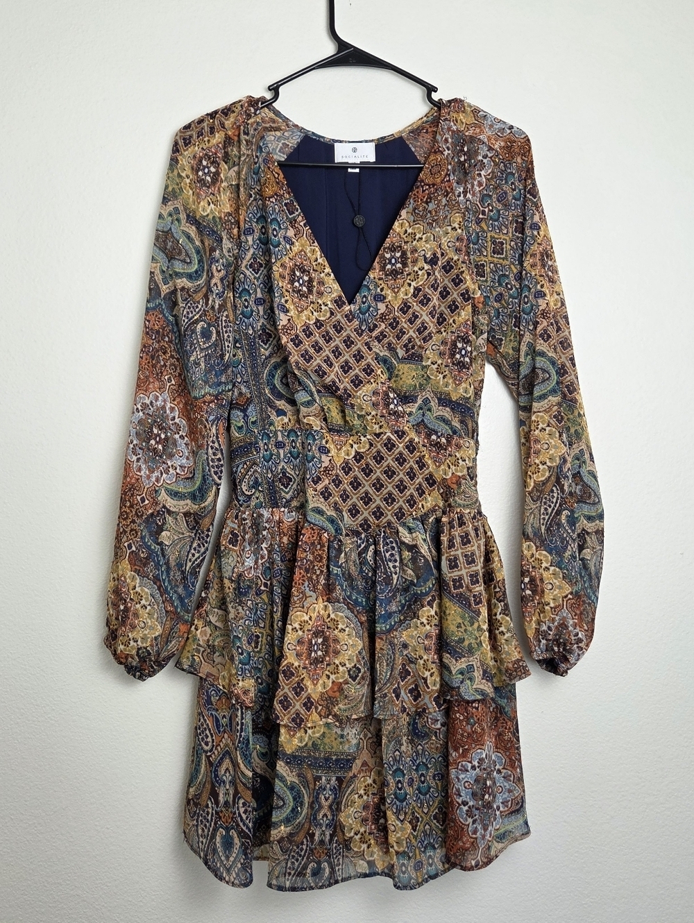 Socialite Print Long Sleeve Vneck Ruffle Chiffon Minidress Size XS